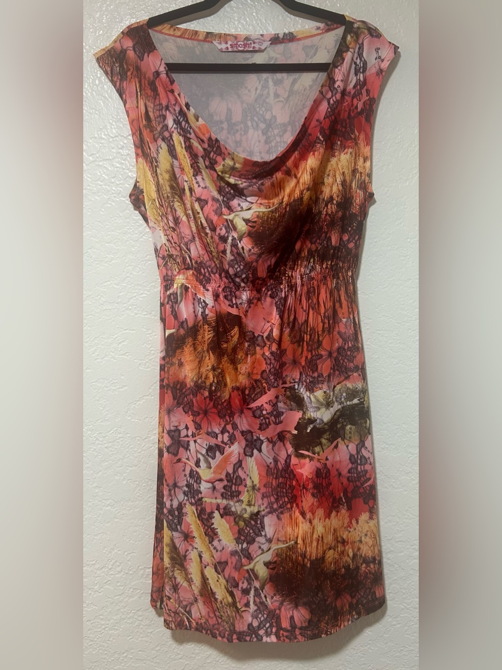 Smash! (Barcelona Brand) Abstract Floral Pink & Orange Midi Dress with Birds